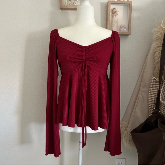 SHEIN Babydoll Blouse in Red Women’s Size Large Long Sleeve Ribbed Cute Spring - Picture 1 of 4